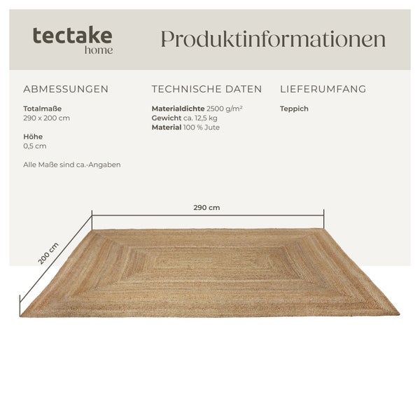 Rechteckiger, handgewebter Jute Teppich im Boho Stil mit robuster Textur für Wohn und Schlafzimmer von tectake Home