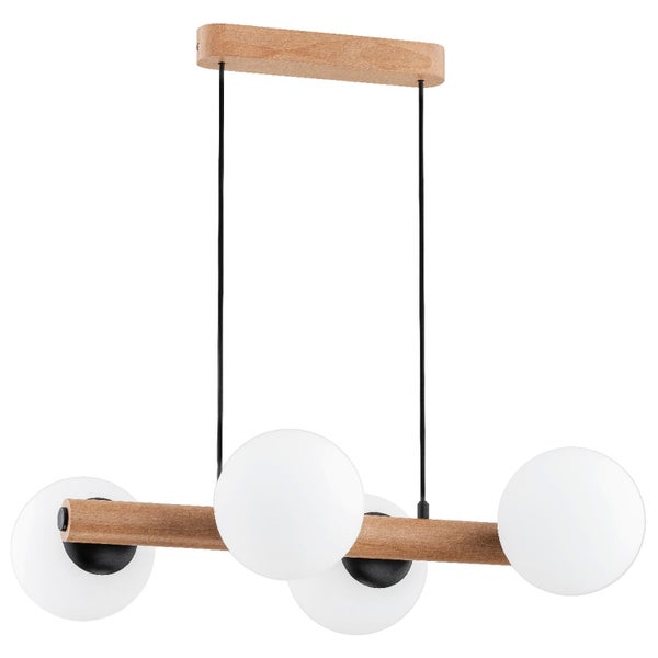 Moderne Pendelleuchte mit Holz-Elementen und vier kugelformigen Glas-Leuchtenschirmen