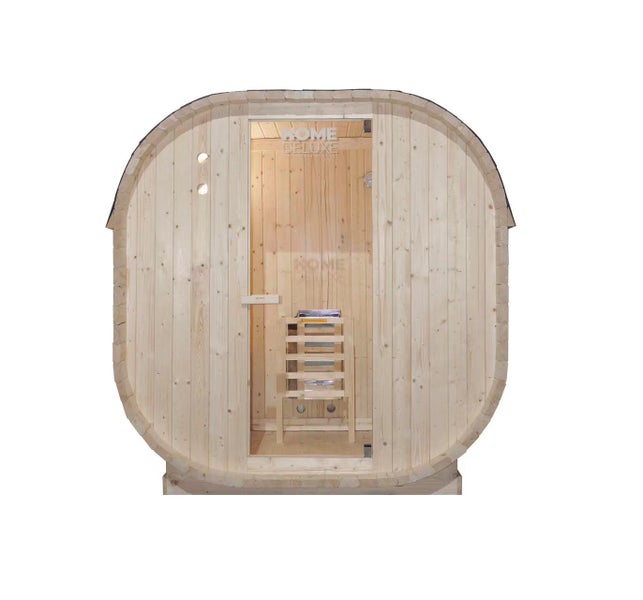 Home Deluxe - Outdoor Sauna CUBE M - Maße: ca. 194 cm x 195 cm x 120 cm, Holz: Fichtenholz - inkl. Saunaofen und Saunazubehör I Gartensauna, Außensauna, Sauna Fass für 2 Personen