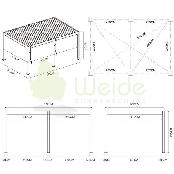 Weide Elektrische Deluxe Aluminium  Pergola 3,6 x 5,3 M mit LED