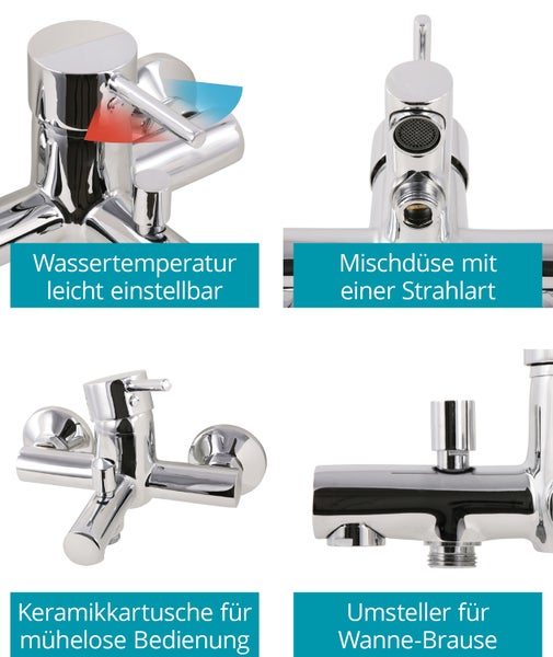 Calmwaters® Badewannenarmatur Honest Small, Wasserhahn Badewanne, Wannenarmatur mit Umsteller, Einhebelmischer mit Keramikkartusche, Brauseabgang 1/2, Aufputz-Montage, Messing, Chrom, 13PZ2560
