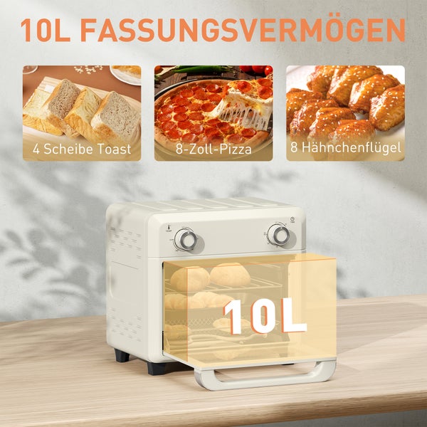 Mini-Backofen mit 10 Liter Fassungsvermögen, bietet Platz für 4 Scheiben Toast, eine 8 Zoll Pizza oder 8 Hähnchenflügel.