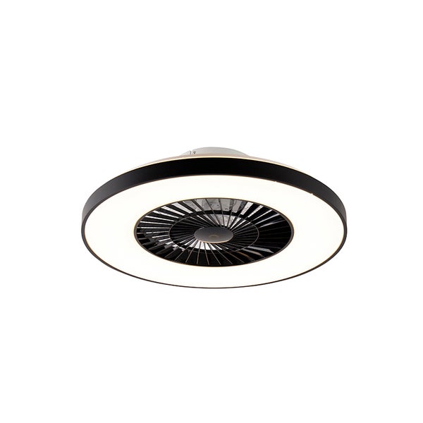 Runde Deckenventilator-Leuchte mit integriertem LED-Ring und schwarzen Rotorblättern.