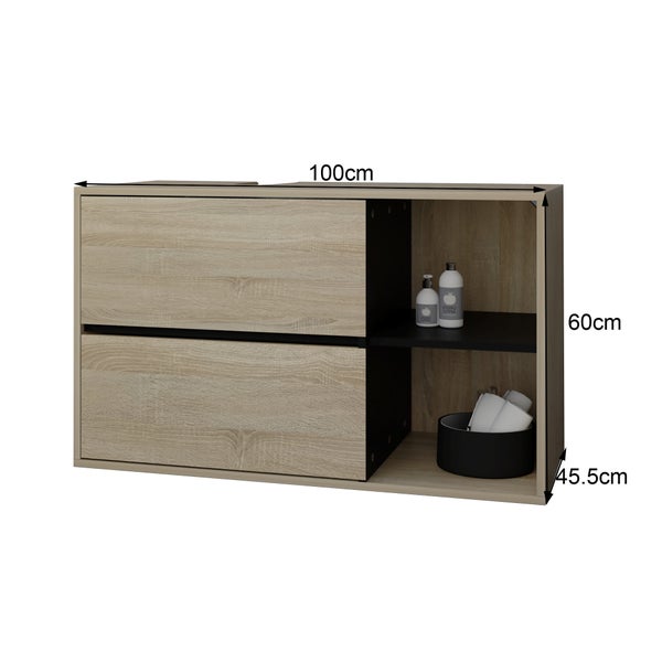 ML-Design Waschbeckenunterschrank hängend, Braun-Schwarz, 100x60x45,5 cm, Badezimmer Unterschrank 2 Schubladen, Ablage, viel Stauraum, Waschtischunterschrank aus MDF-Holz, Badezimmerschrank Badschrank