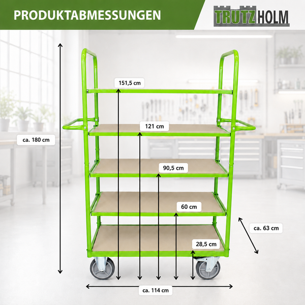 TrutzHolm Etagenwagen mit fünf Ebenen und Maßangaben für Werkstatt und Lager