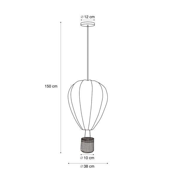 Maßzeichnung Pendelleuchte Heißluftballon, Höhe 150 Zentimeter, Durchmesser 38 Zentimeter, Korb 10 Zentimeter, Baldachin 12 Zentimeter.