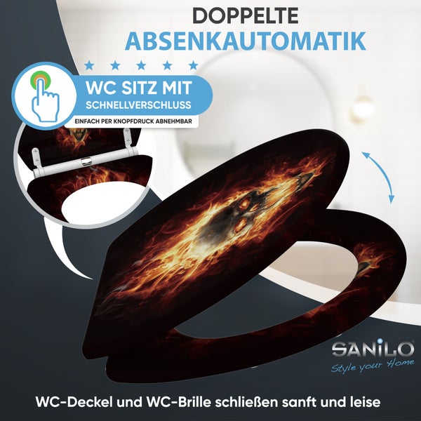 WC-Sitz mit Deckel, Motiv Totenkopf und Flammen, mit doppelter Absenkautomatik und Schnellverschluss. Sanilo Logo.