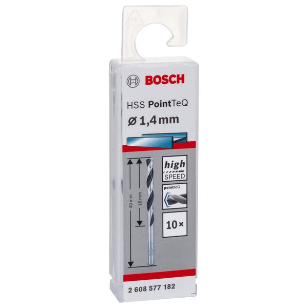 Bosch Logo. HSS PointTeQ Metallbohrer mit 1,4 Millimeter Durchmesser im 10er-Pack