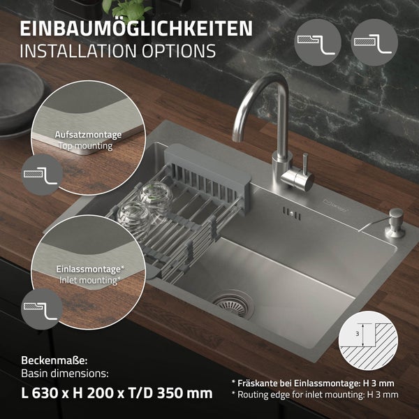 ML-Design Spülbecken Edelstahl 68x45 cm Küchenspüle rechteckig, 1 Becken Einbauspüle, Edelstahlspüle mit Ab- und Überlaufgarnitur, Abtropfkorb, Seifenspender, Waschbecken Küche Einzelbecken mit Siphon
