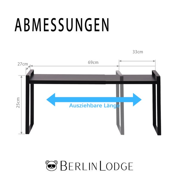 BERLINLODGE Erweiterbares Küchenregal & Schrankregal  | HxBxT 26x37-60x28cm | Schwarz | Küchen Organizer ausziehbar Küchenschrank verstellbar stapelbar