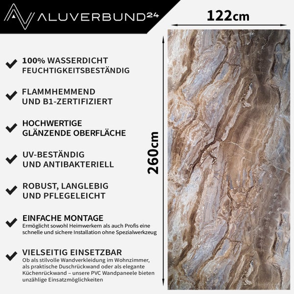 PVC Wandpaneel 122 mal 260 Zentimeter mit Marmoroptik inklusive Produktvorteilen und Aluverbund 24 Logo.