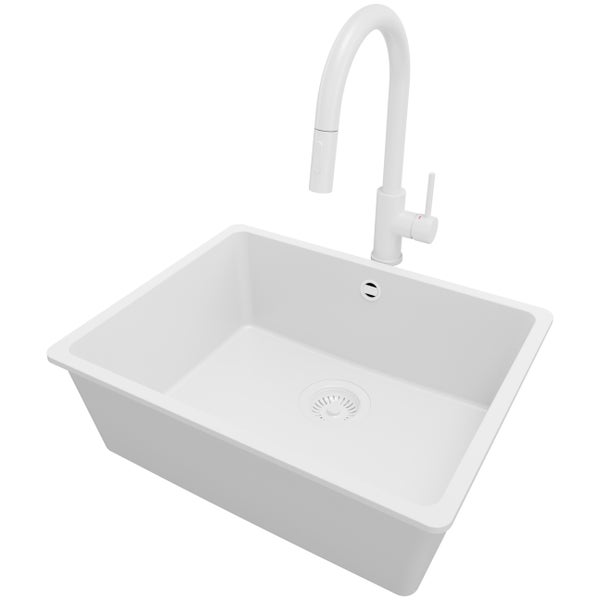 PRIMAGRAN Unterbauspüle Granit Alles Weiß 56x44cm, Spülbecken 1 Becken + Küchenarmatur 40x20cm + Ablauf-Set, Granitspüle ab 60er Unterschrank - Venedig Easy