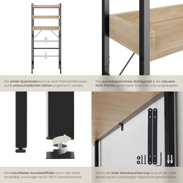 Regalsystem mit höhenverstellbarer Querstrebe, pulverbeschichtetem Stahlgestell, MDF-Regalböden, höhenverstellbaren Füßen und Wandverankerung.