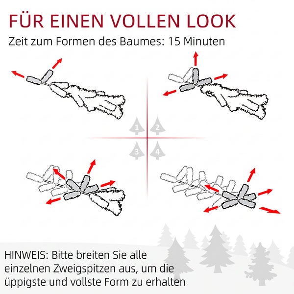 Anleitung zum Ausrichten der Zweige eines künstlichen Weihnachtsbaums in vier Schritten für ein volles Erscheinungsbild.