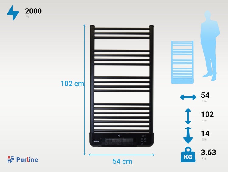 Purline Handtuchwärmer mit den Maßen 102 x 54 x 14 Zentimeter und 2000 Watt Leistung