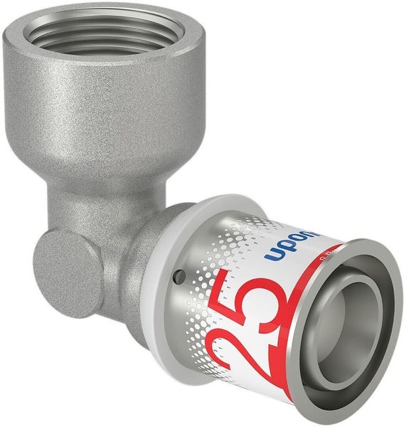 Uponor Press-Winkel 90 Grad mit Innengewinde aus Metall für Verbundrohr-Systeme.
