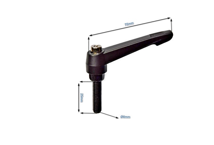 Verstellbarer Klemmhebel mit 75 Millimeter Hebel, 25 Millimeter Gewindelänge und 8 Millimeter Gewindedurchmesser.