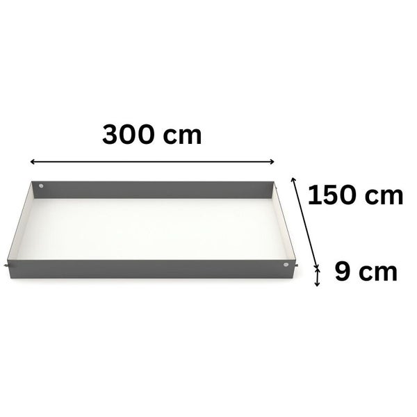 Rechteckiger Rahmen mit den Maßen 300 Zentimeter mal 150 Zentimeter und einer Höhe von 9 Zentimeter.
