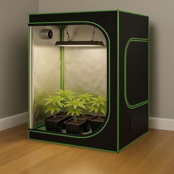 Growbox mit Pflanzen und Beleuchtung