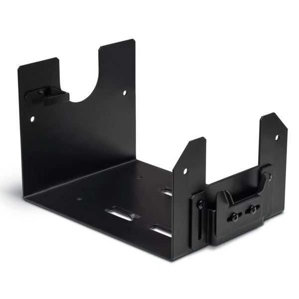 Schwarze Metall-Maschinenhalterung mit robuster U-Form und vorgebohrten Löchern für die Wandmontage.