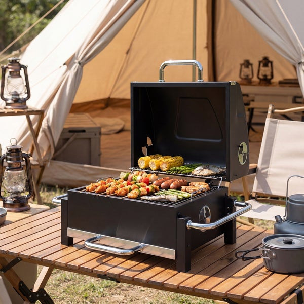 Tragbarer schwarzer Grill mit Grillgut auf einem Holztisch vor einem Zelt in einer Campingumgebung.