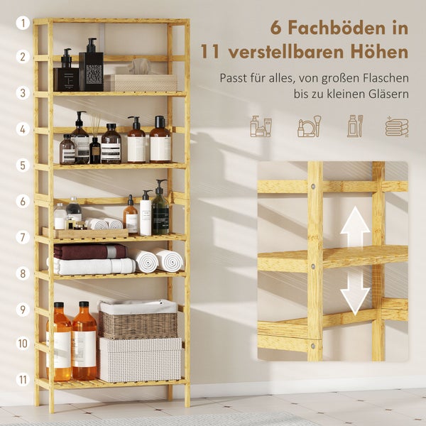 Bambus-Badregal mit 6 Fachböden und 11 verstellbaren Höhenpositionen für Flaschen, Handtücher und Badutensilien.