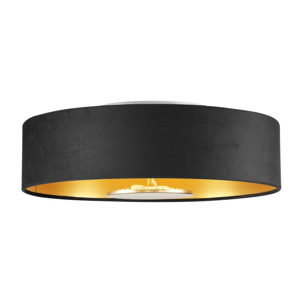 Runde Deckenleuchte mit schwarzem Textilschirm aus Samt und goldfarbener Innenseite.