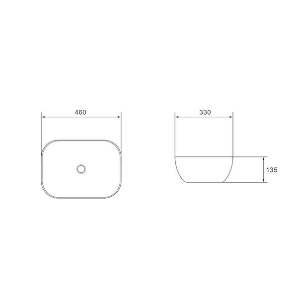 Zeichnung eines Aufsatzwaschbeckens mit Abmessungen
