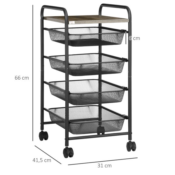 HOMCOM Rollwagen, Küchenwagen mit 4 Körben, Aufbewahrungsregal mit Rollen, Haushaltregal, Servierwagen für Schlafzimmer, Wohnzimmer, Stahl, Schwarz, 41,5 x 31 x 66 cm