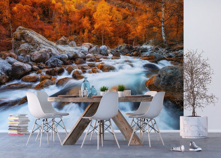 Fototapete mit herbstlichem Bachlauf, Steinen und Bäumen hinter einem Esstisch