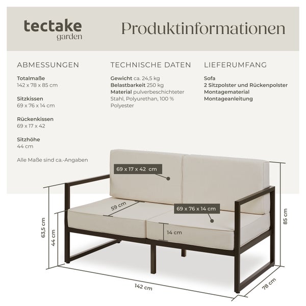 Garten-Loungesofa tectake Comosa 142 x 78 x 85 cm Dicke des Sitzpolsters 14 cm braun/beige
