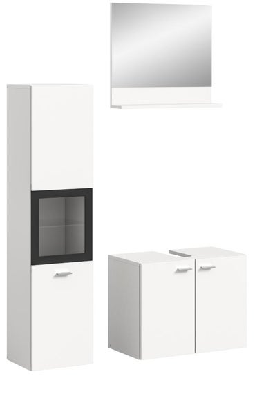 Weißes Badezimmermöbel Set bestehend aus einem Hochschrank mit Glastür, einem Waschbeckenunterschrank und einem Spiegel mit Ablage.