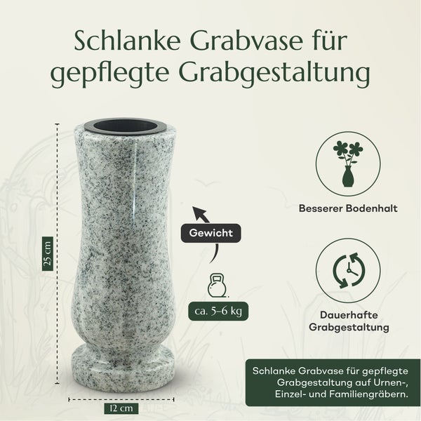 Schlanke Grabvase aus Granit, 25 Zentimeter hoch, für Urnen-, Einzel- und Familiengräber zur dauerhaften Grabgestaltung mit stabilem Stand.