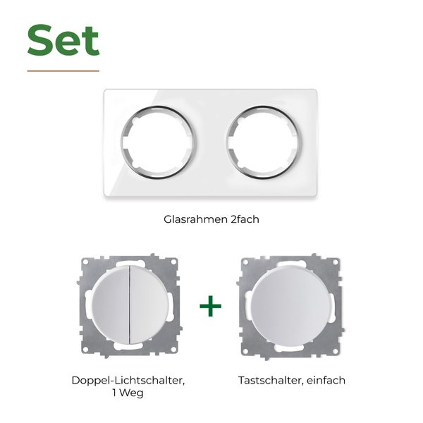 Set bestehend aus einem 2-fach Glasrahmen, einem Doppel-Lichtschalter und einem einfachen Tastschalter zur Unterputzmontage.