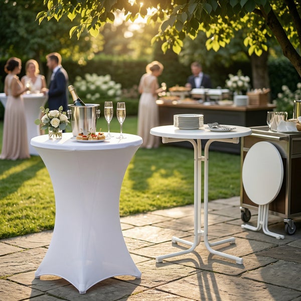 Veranstaltung im Garten mit Stehtischen, einer davon mit weißer Husse, Tellern und Catering-Zubehör auf einer Stein-Terrasse im Außenbereich.