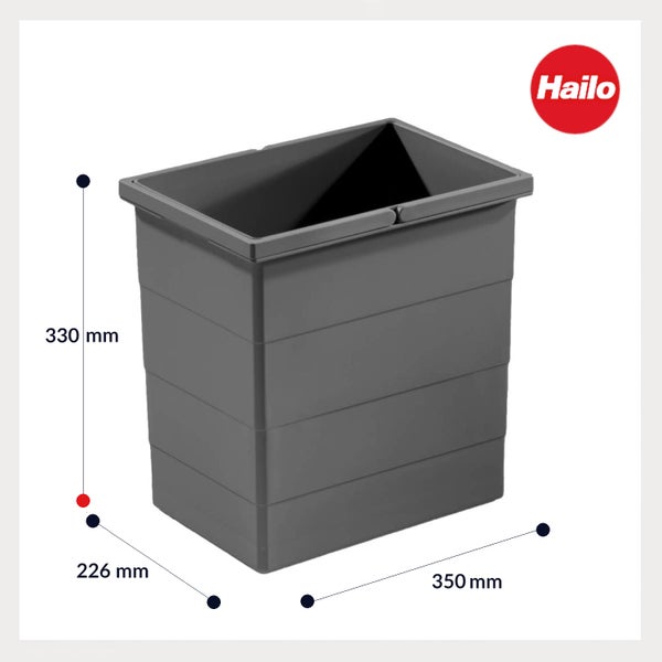 Hailo Logo. Grauer Kunststoffabfalleimer mit Maßen von 330 Millimeter Höhe, 350 Millimeter Breite und 226 Millimeter Tiefe.
