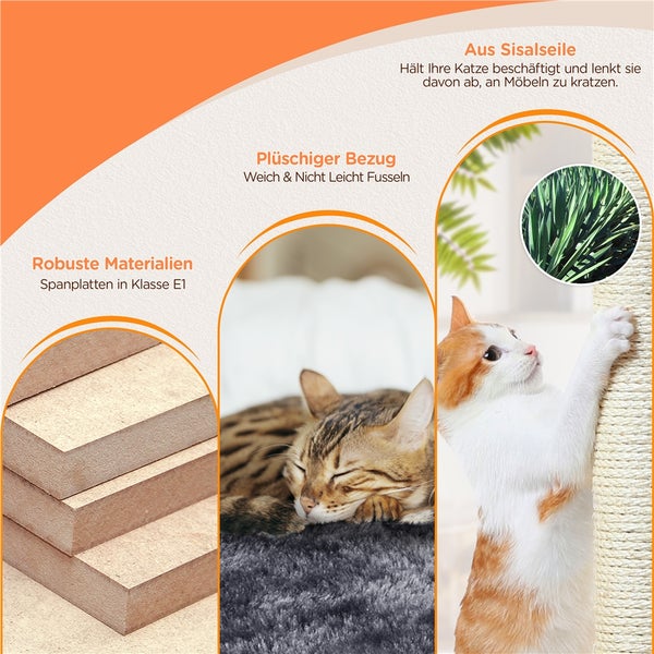 Produktbild mit Informationen zum Kratzbaum: Sisalseil, robuster Bezug, Spanplatten der Klasse E1 und weicher Plüsch.