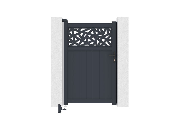 Einflügeliges Gartentor aus Aluminium in Anthrazit mit geometrischem Muster im oberen Bereich und vertikalen Lamellen.