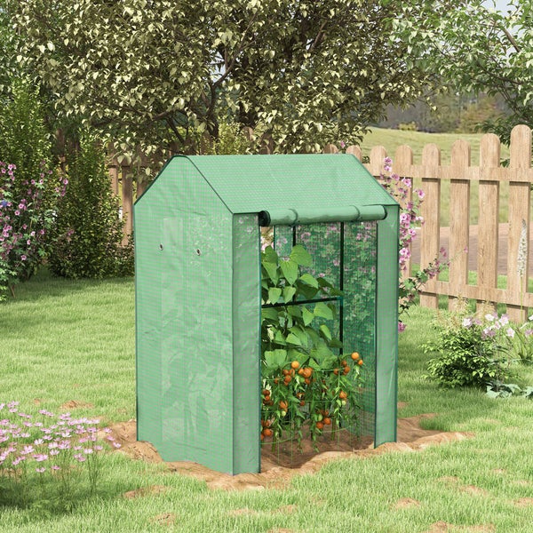 Kleines Foliengewächshaus aus grünem Gittergewebe im Garten mit einer Tomatenpflanze im Inneren und aufrollbarer Front.