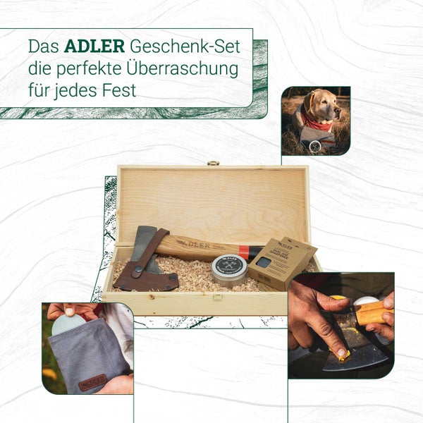 Adler Geschenk Set mit Axt, Axtbalsam und Schleifstein in einer Holzkiste für die Holzbearbeitung.