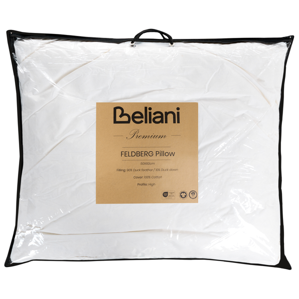 Beliani Feldberg Kopfkissen 50 mal 60 Zentimeter, Baumwollbezug, Füllung aus Entenfedern und Entendaunen, in transparenter Verpackung.