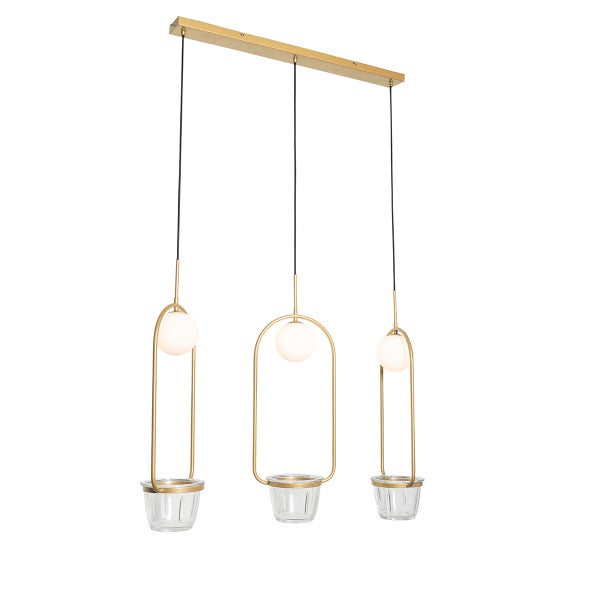 Hängelampe mit drei Leuchten, Metallgestell und Glasbehältern