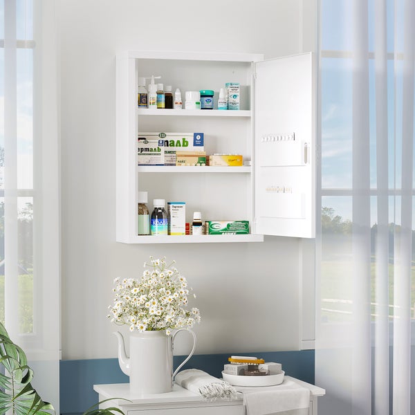 kleankin Medizinschrank, Apothekerschrank mit 3 Fächern, Abschließbarer Medikamentenschrank für Wandmontage, Erste Hilfe Schrank, Arzneischrank mit 2 Schlüsseln, Stahl, Weiß, 40 x 15 x 53,5 cm