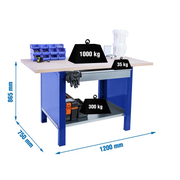 Werkbank BUFFALO WOOD mit 1x Schublade | HxBxT 86,5x120x75cm | Traglast 1000kg | Blau