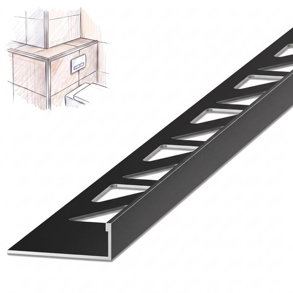Fliesenprofil in L-Form aus Metall mit gelochtem Schenkel zur Befestigung, Anwendungsbeispiel zeigt Einbau an einer gefliesten Vorwandinstallation.