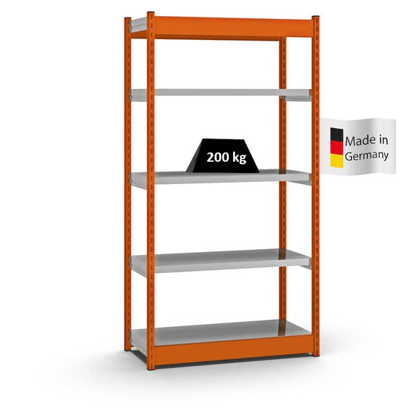 PROREGAL Fachbodenregal Stecksystem Vierkant-Profil Grundregal HxBxT 200 x 102,5 x 40 cm 5 Ebenen Einseitige Bauart Fachlast 200 kg Orange