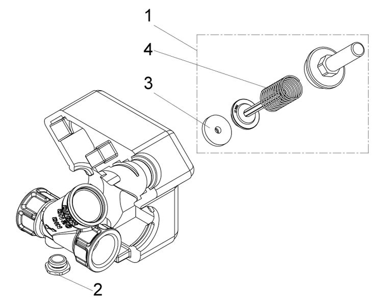 Explosionszeichnung eines Unterputzventils Nennweite 20 mit nummerierten Einzelteilen wie Feder, Dichtung und Verschlussstopfen.