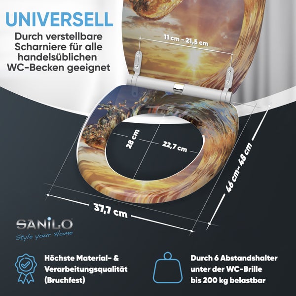 Sanilo WC-Sitz mit Sonnenuntergang-Motiv, Maße circa 37,7 mal 46 bis 48 Zentimeter, verstellbare Scharniere, belastbar bis 200 Kilogramm.
