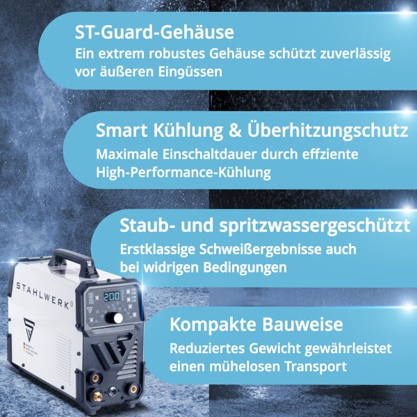 STAHLWERK Logo mit Informationen zu Gehäuse, Kühlung, Spritzwasserschutz und Bauweise