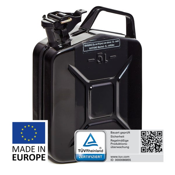 BW® Kraftstoffkanister Metall Benzinkanister 5 Liter - Schwarz - RAL 9005 - TÜV-geprüft und UN-Zulassung - Made in Europe
